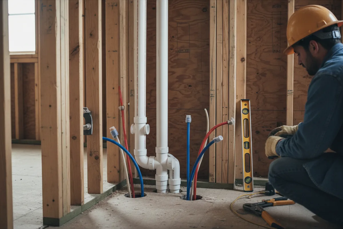 Drain and supply rough-in during Sump Pump Repair in Loranger