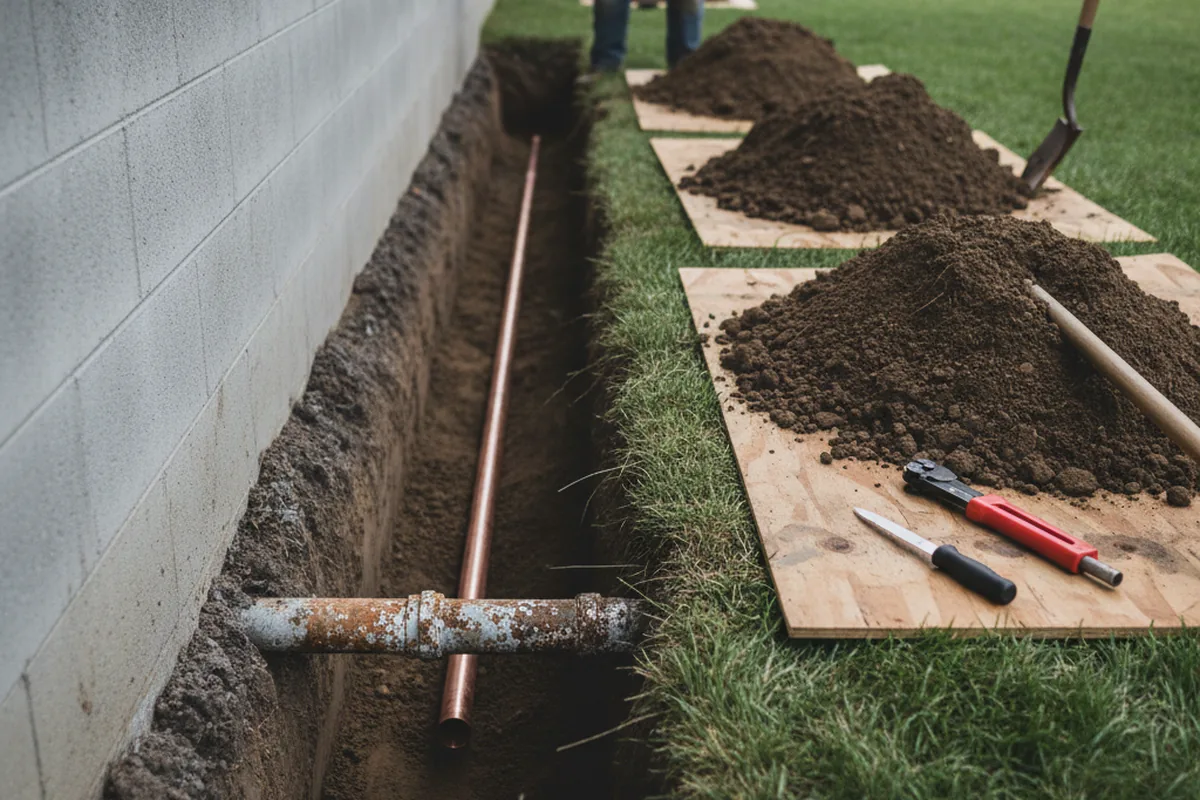 Excavated water line trench during Sewer Line Repair in Loranger